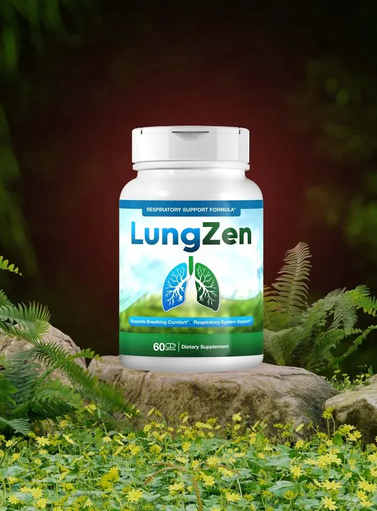 LungZen supplement bottle resting on a rock surrounded by ferns and yellow flowers
