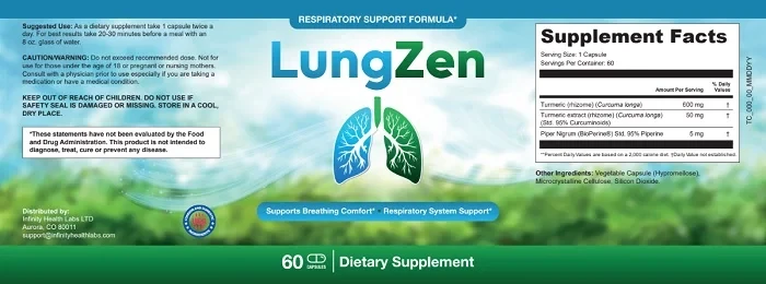 LungZen supplement label showing Supplement Facts, suggested use and cautions